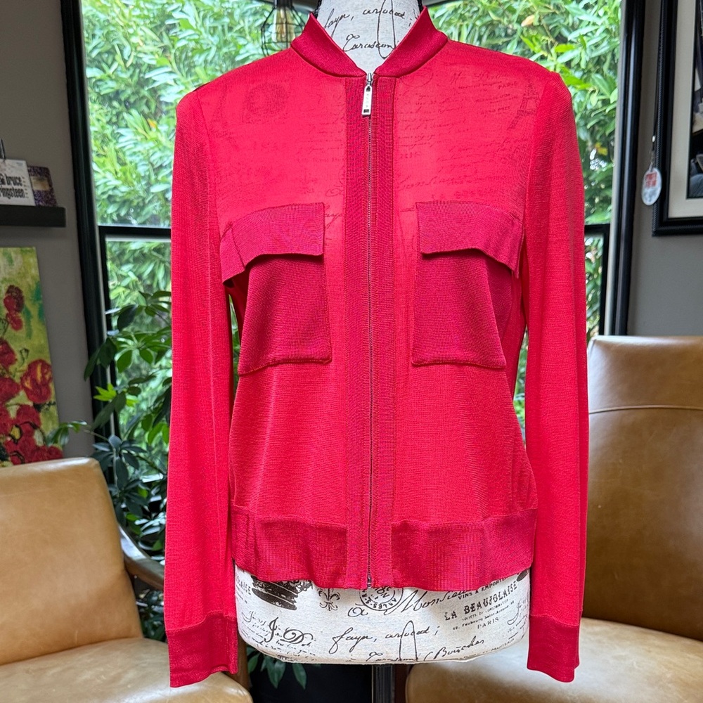 Misook Bright Red Zip-Front Knit Bomber with Chest Flaps